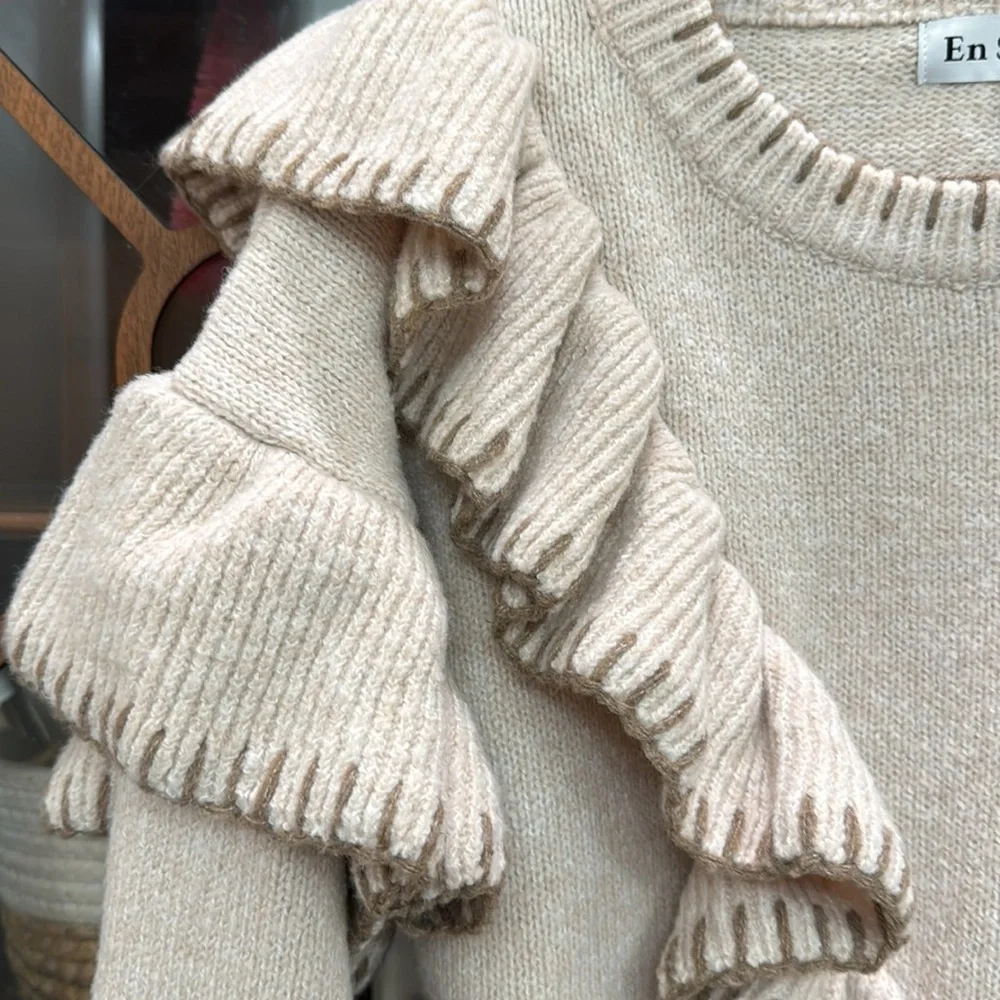 En Saison Pullover Rene Ruffle-Trim Sweater in Tan Small